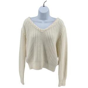 Chunky Knit Sweater WMNS S Cream/Ivory V-Neck Cable Knit Twist Back Long Sleeve